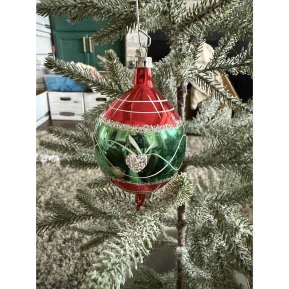 Poland Mercery Glass Christmas Ornament Heart Glitter Red & Green Teardrop - Picture 1 of 2